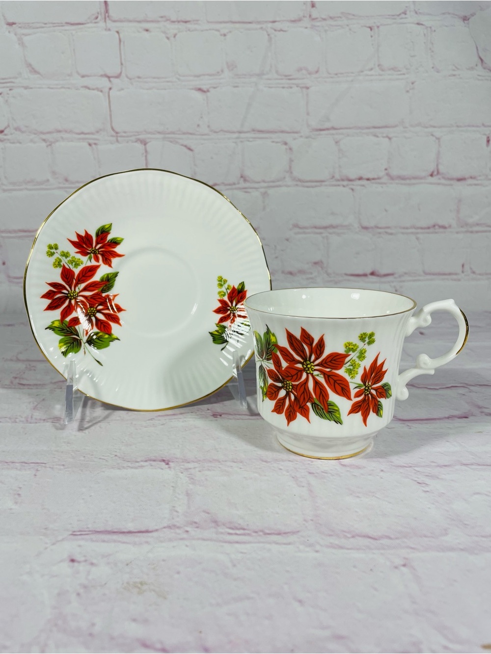 Vintage Royal Dover December Poinsettia Bone China Cup and Saucer Set England
